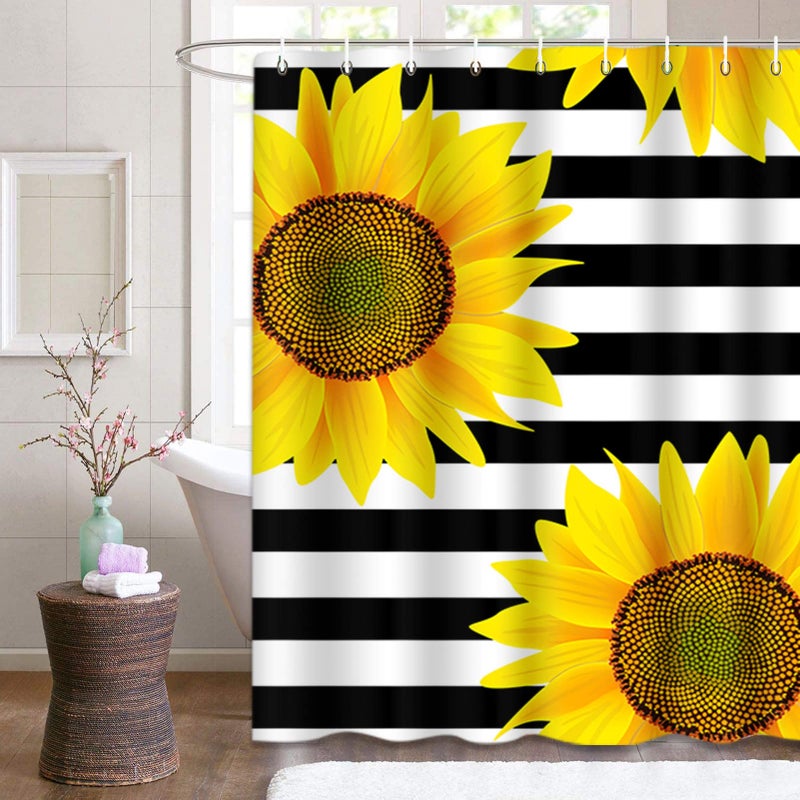 Emvency Shower Curtain Bright Sunflowers Striped Black and White Pattern Yellow Sun Flowers Print Home Decor Waterproof Polyester Fabric 72 x 72 inches Set with Hooks - Image 2